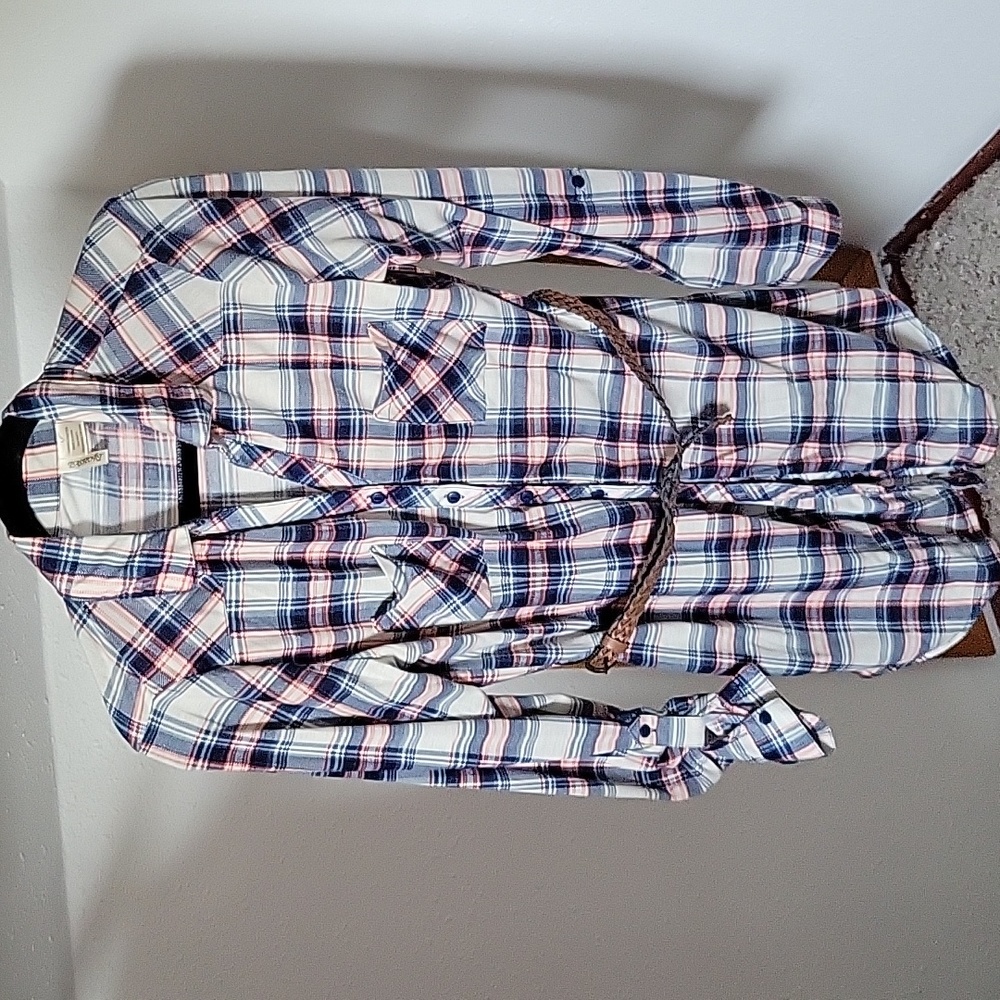 Blue-red-white checked shirt dress